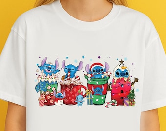 Sudadera navideña con colores de Stitch, camisetas navideñas de Disney, camisetas navideñas divertidas de Disney, camisetas Disney para niños, camisetas navideñas familiares.