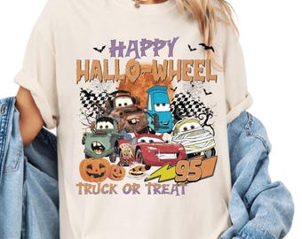 Camiseta de Disney Cars Happy Hallo-Wheel con colores cómodos, camiseta de temporada espeluznante, camiseta de Halloween de Rayo McQueen, camiseta de fiesta de Halloween de Disney