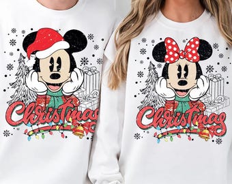 Camisa navideña vintage de Disney con colores cómodos, camisa navideña de Mickey y Minnie, camisa navideña de pareja de Disney, lindas vacaciones en Disneyland