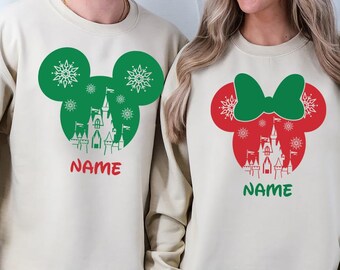 Camiseta navideña Disney personalizada Comfort Colors, camiseta navideña Disney para parejas, camiseta navideña Mickey y Minnie, sudadera navideña personalizada Disney