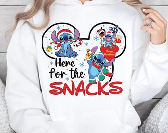 Comfort Colors Stitch Christmas Shirt, Here For The Snacks Stitch T-Shirts, Disneyland Family Xmas Sweatshirt, Disney Christmas Party Shirt