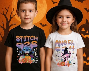 Komfortfärger Disney Stitch & Angel Halloween-tröja, Halloween-bästis-tröja, Disney-partröja, Disneyland Halloween-familjematchningsgåva