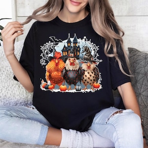 Comfort Colors Spooky Chickens Shirt, Halloween Sweatshirt, Pumpkin Shirt, Witch Shirt, Haunted House Chickens, Halloween Chickens Shirt