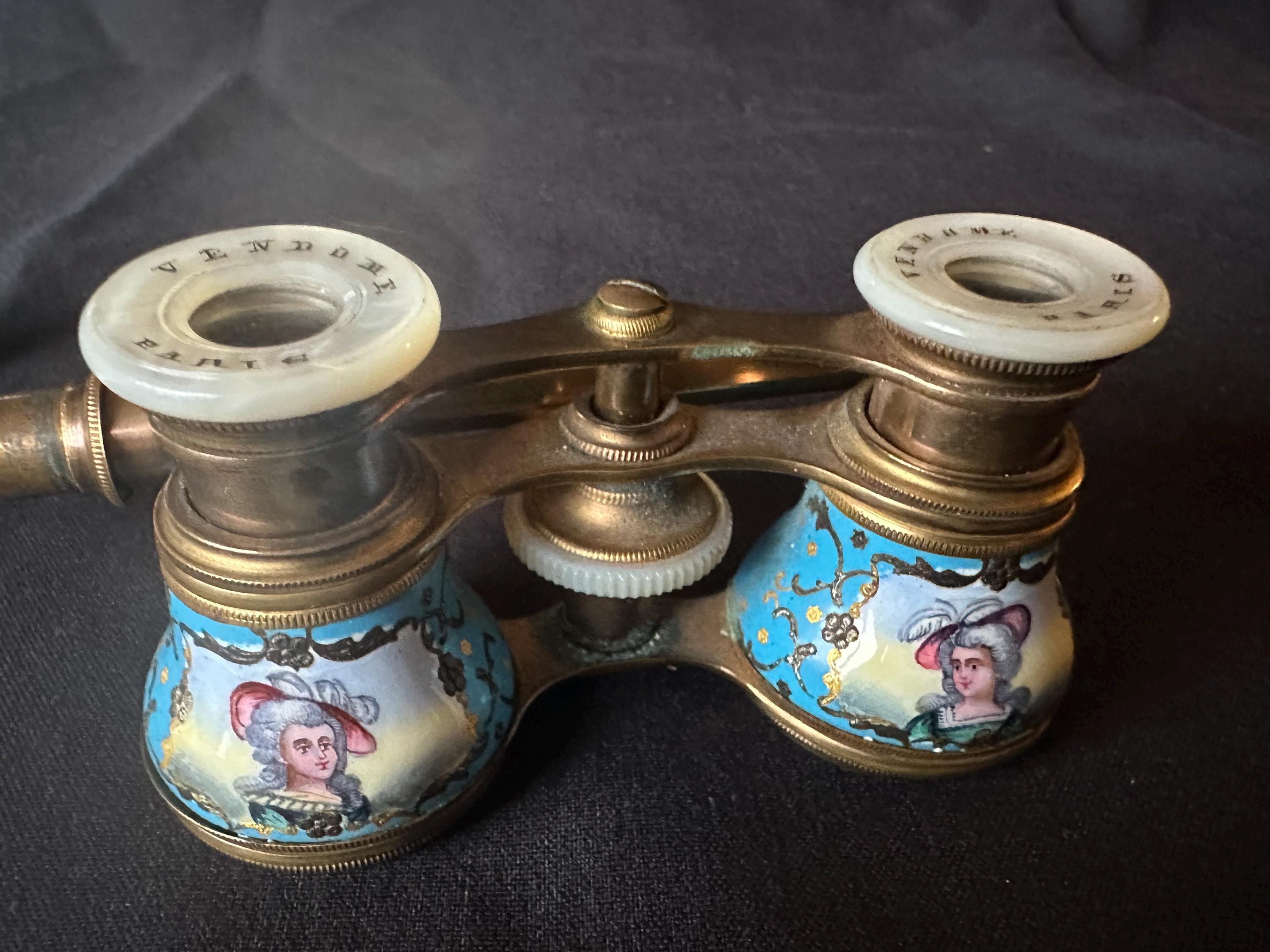 Jumelles De Théâtre Françaises Anciennes En Métal Bleu Ciel Et Or - Optique Claire