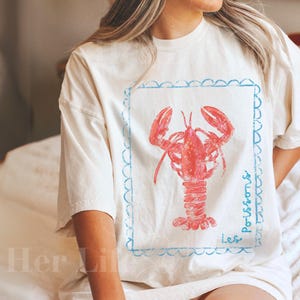 Komfort Farben Hummer Grafik T-Shirt | Französisch Küsten Distressed Tee | Übergroßes Coquette Aesthetic Shirt | Nautischer Fischer-Stil