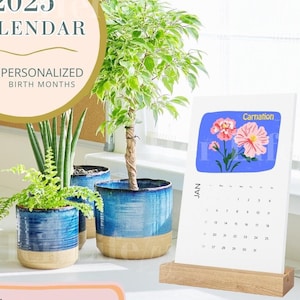 2025 Retro Birth Month Flower Calendar with Oak Stand | Matisse-Style Vertical Desk Calendar | Personalized Floral Monthly Planner