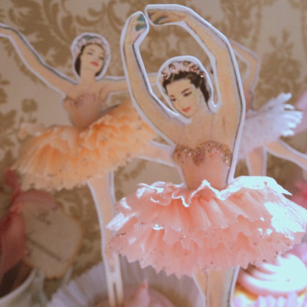 Darling Dancers. Twelve Vintage Style Ballerina Doll Toppers with Ruffled Tutus, Choice of Colors