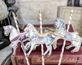 Carousel Delights - Three Carousel Horse Wood Stick Pick Decorations with Glass Pearls - 12 Inch -  Cake Toppers or Floral Display