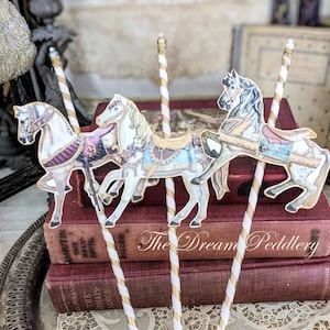Carousel Delights - Three Carousel Horse Wood Stick Pick Decorations with Glass Pearls - 12 Inch -  Cake Toppers or Floral Display