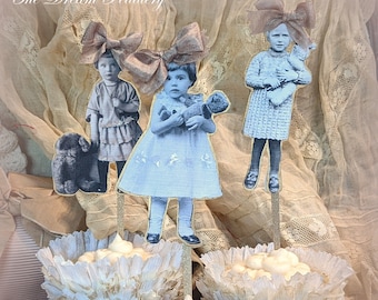 Teddy and Me. Six Vintage Girls with Teddy Bears Toppers for Cupcakes, Cakes, Appetizers