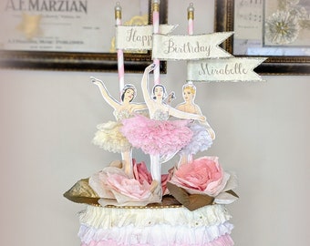 Ballerina-zoetheid. Grote verjaardagstaarttopper of decoratiedisplay, 13"x6", aangepaste tekst op vlaggen