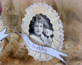 Verjaardag beren. Zes gelukkige verjaardag vintage meisjes met teddyberen toppers voor cupcakes, taarten, hapjes