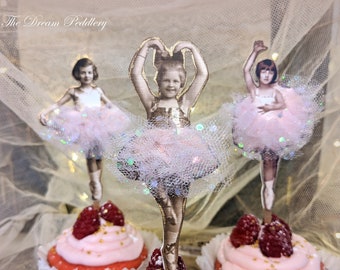 Little Charmers. Six Vintage Girls with Ballerina Tutus, Toppers for Cupcakes, Cakes, Appetizers