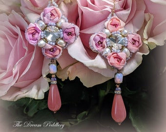 Lavish Rose. Grand Silk Ribbon Embroidered Earrings with Glass Opal, 14k Gold Earwire