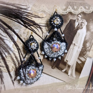 Grand Romance. Art Deco Embroidered Earrings with Crystal and Pearls, 14k Gold Earwire image 2