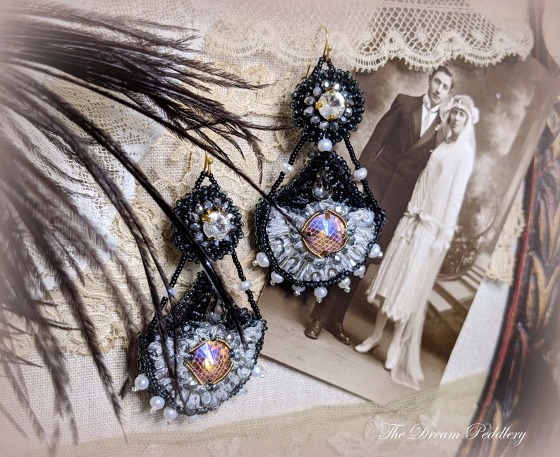 Grand Romance. Art Deco Embroidered Earrings with Crystal and Pearls, 14k Gold Earwire image 2