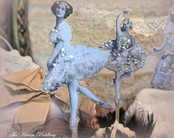 Ballerinas in Splendor. Six Vintage Ballerina Toppers Embellished with Glitter and Gems for Cupcakes, Cakes, Appetizers