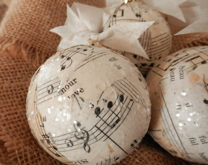 Musical Ornaments. Three Vintage Sheet Music Decoupage and Glitter