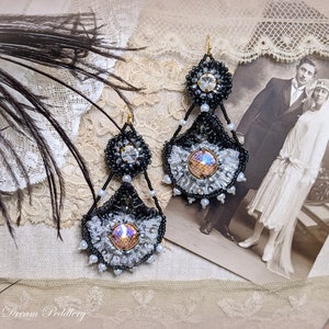 Grand Romance. Art Deco Embroidered Earrings with Crystal and Pearls, 14k Gold Earwire image 1