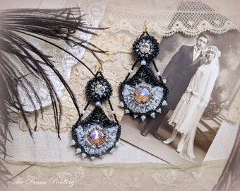 Grand Romance. Art Deco Embroidered Earrings with Crystal and Pearls, 14k Gold Earwire