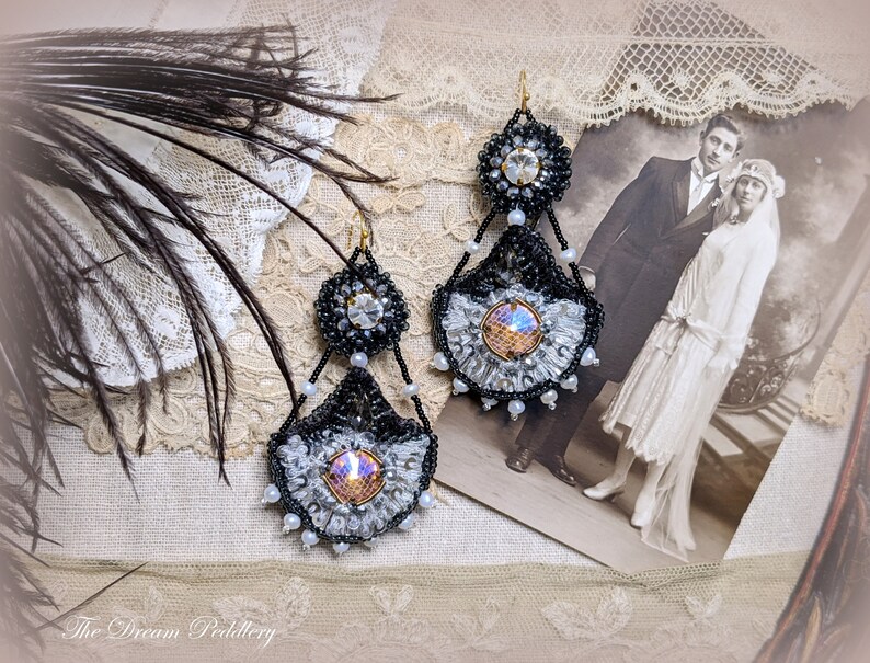 Grand Romance. Art Deco Embroidered Earrings with Crystal and Pearls, 14k Gold Earwire image 1