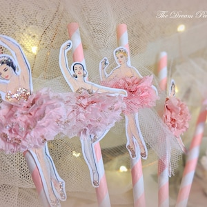 Sipping Pretty. Six Pink Stripe Paper Straws with Ruffle Tutu Ballerinas and Tulle Bows