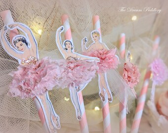 Sipping Pretty. Six Pink Stripe Paper Straws with Ruffle Tutu Ballerinas and Tulle Bows