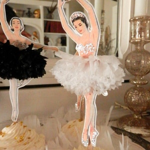 Cygne noir. Toppers de poupée ballerine de style vintage avec tutus ébouriffés, blancs ou noirs, pour cupcakes, gâteaux, apéritifs image 2