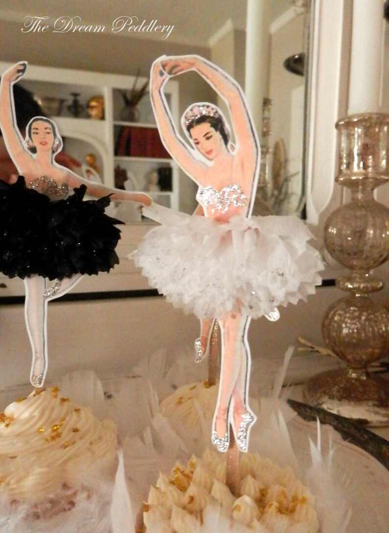 Cygne noir. Toppers de poupée ballerine de style vintage avec tutus ébouriffés, blancs ou noirs, pour cupcakes, gâteaux, apéritifs image 2