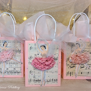 Ballet Treats. Six Small 5" Pink Ballerina Treat Bags with Ruffled Pink Tutus and Antique Sheet Music