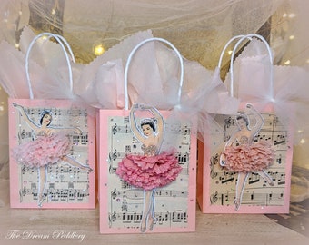 Ballet Treats. Six Small 5" Pink Ballerina Treat Bags with Ruffled Pink Tutus and Antique Sheet Music