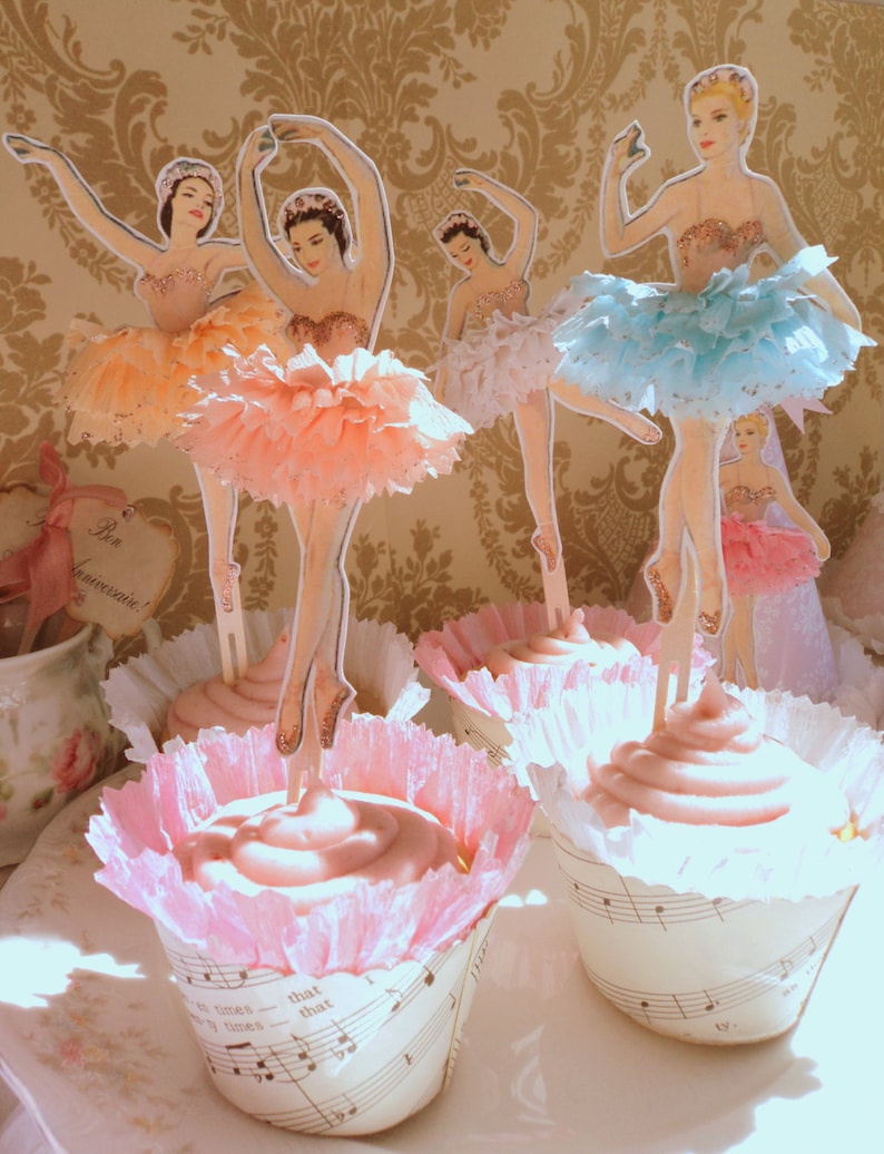 Darling Dancers. Twelve Vintage Style Ballerina Doll Toppers with Ruffled Tutus, Choice of Colors image 3