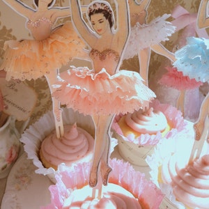 Darling Dancers. Twelve Vintage Style Ballerina Doll Toppers with Ruffled Tutus, Choice of Colors image 2
