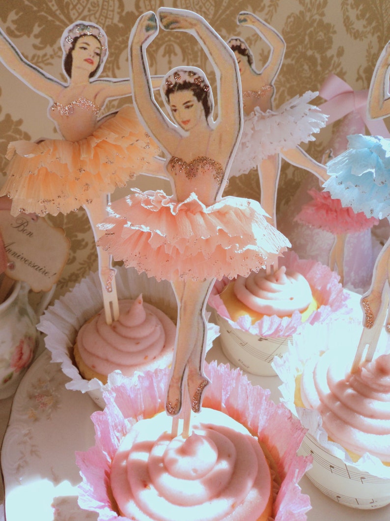 Darling Dancers. Twelve Vintage Style Ballerina Doll Toppers with Ruffled Tutus, Choice of Colors image 2