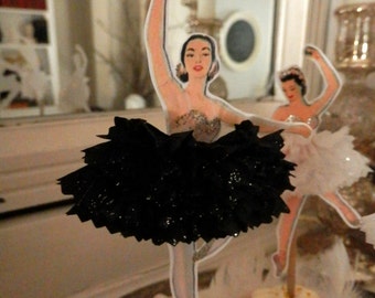 Black Swan. Vintage Style Ballerina Doll Toppers with Ruffled Tutus, White or Black, for Cupcakes, Cakes, Appetizers