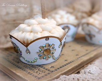 Sweet and Sparkly. Set of All White Bejeweled Cupcake Wrappers with Gilded Trim