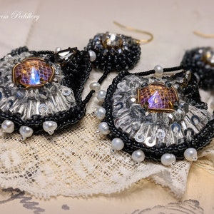 Grand Romance. Art Deco Embroidered Earrings with Crystal and Pearls, 14k Gold Earwire image 7