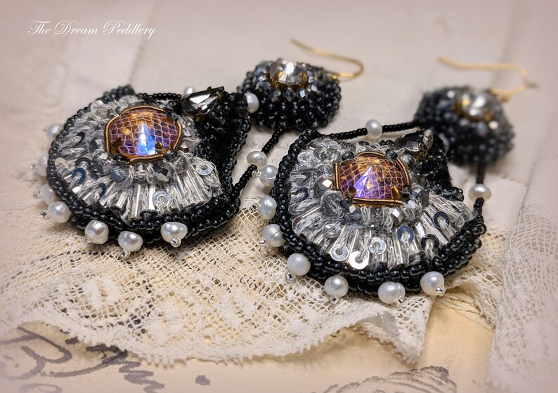 Grand Romance. Art Deco Embroidered Earrings with Crystal and Pearls, 14k Gold Earwire image 7