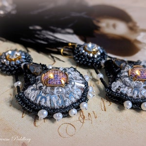 Grand Romance. Art Deco Embroidered Earrings with Crystal and Pearls, 14k Gold Earwire image 5