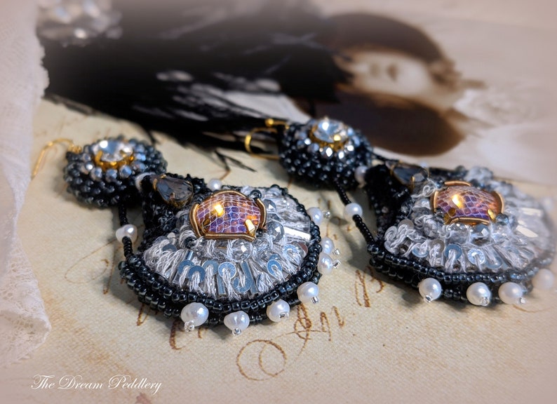 Grand Romance. Art Deco Embroidered Earrings with Crystal and Pearls, 14k Gold Earwire image 5