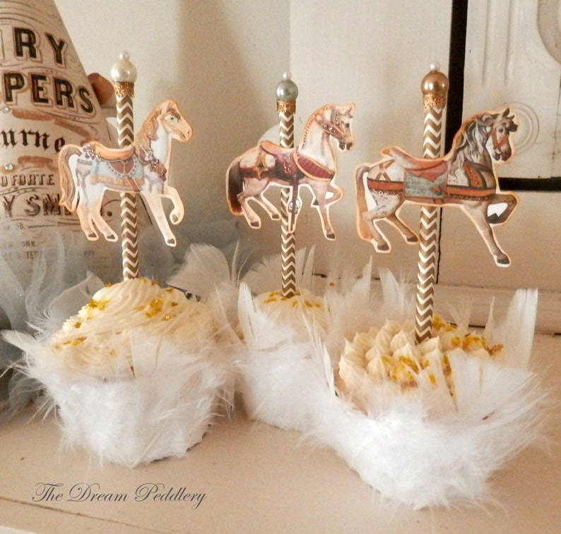 Carousel Charmers Parisian Carousel Horse Cupcake Toppers with Glass Pearls 4.5 Inch Mary Poppins image 2