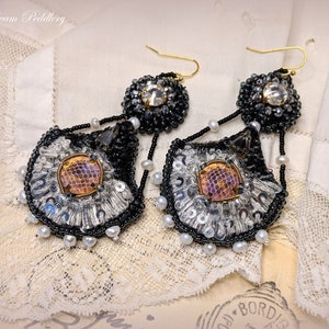 Grand Romance. Art Deco Embroidered Earrings with Crystal and Pearls, 14k Gold Earwire image 4