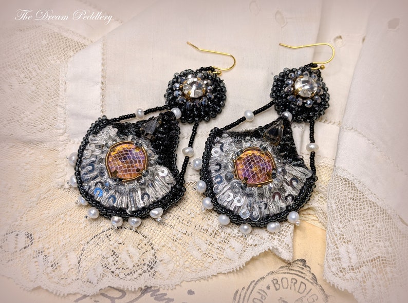 Grand Romance. Art Deco Embroidered Earrings with Crystal and Pearls, 14k Gold Earwire image 4