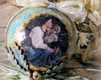 Magnifique cadeau pour maman pour les fêtes de fin d'année, décoration ronde de 10 cm (4 po.) - Noël champêtre français antique du vieux monde, bleu et or - boule de Noël fabriquée à la main