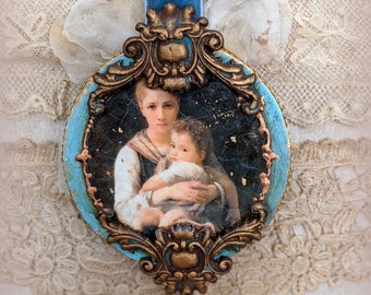 Wood Ornament with Mother and Child, Crystal Drop, Silk , Velvet - Antique French Country Blue Decor - Christmas - Hand Crafted