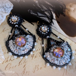 Grand Romance. Art Deco Embroidered Earrings with Crystal and Pearls, 14k Gold Earwire image 3