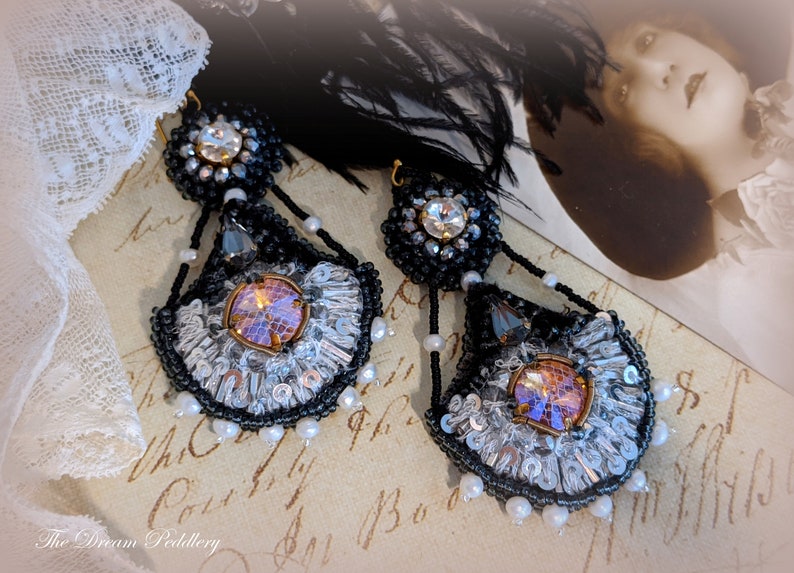 Grand Romance. Art Deco Embroidered Earrings with Crystal and Pearls, 14k Gold Earwire image 3