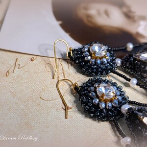 Grand Romance. Art Deco Embroidered Earrings with Crystal and Pearls, 14k Gold Earwire image 6