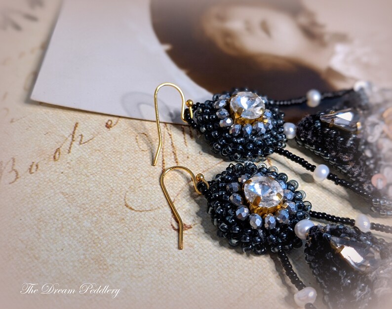 Grand Romance. Art Deco Embroidered Earrings with Crystal and Pearls, 14k Gold Earwire image 6