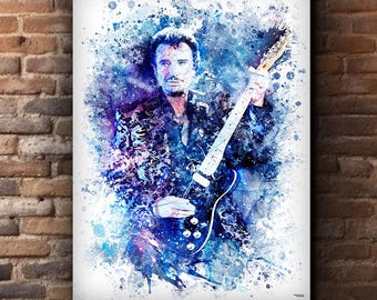Portret van Johnny Hallyday – Digitale aquarelprint op canvas voor je interieur.